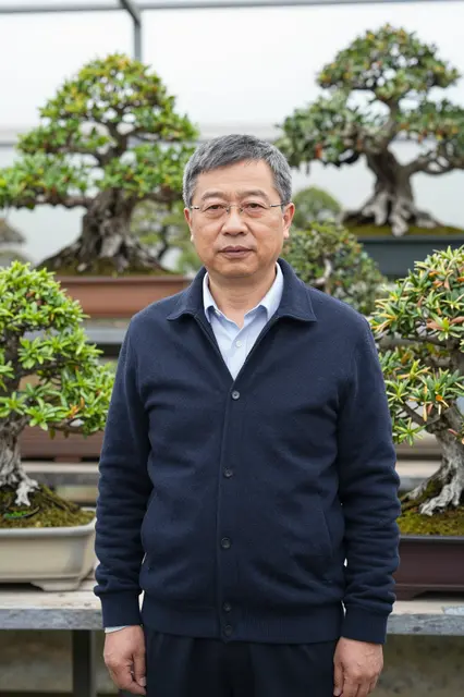 East Asian man in his fifties stands among potted bonsai trees under soft overcast light