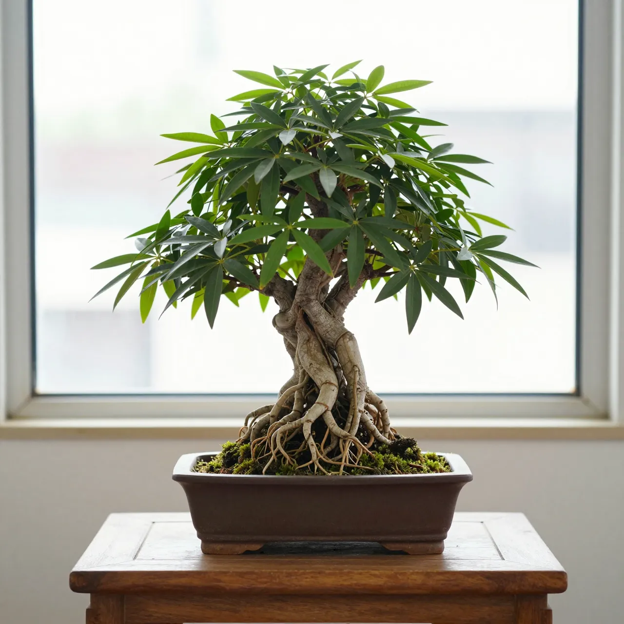 A compact bonsai with thick exposed roots sits in a shallow ceramic pot on a wooden table near a bright window.