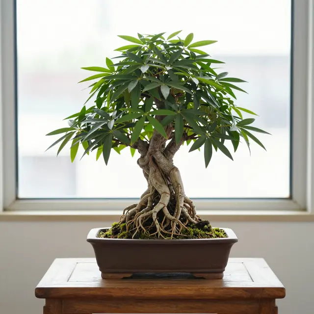 A compact bonsai with thick exposed roots sits in a shallow ceramic pot on a wooden table near a bright window.