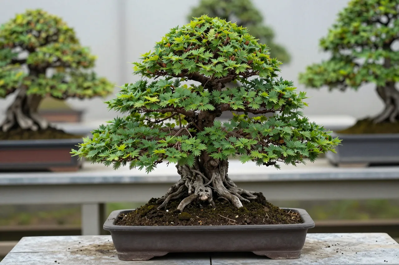 A detailed leafy bonsai tree sits in a ceramic pot, with blurred bonsai specimens in the soft focus background.