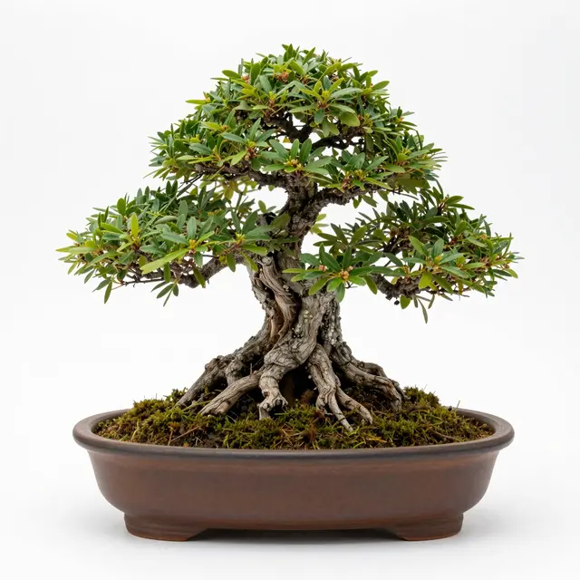 A styled leafy bonsai tree with exposed gnarled roots sits in a shallow brown ceramic dish on a plain white background.
