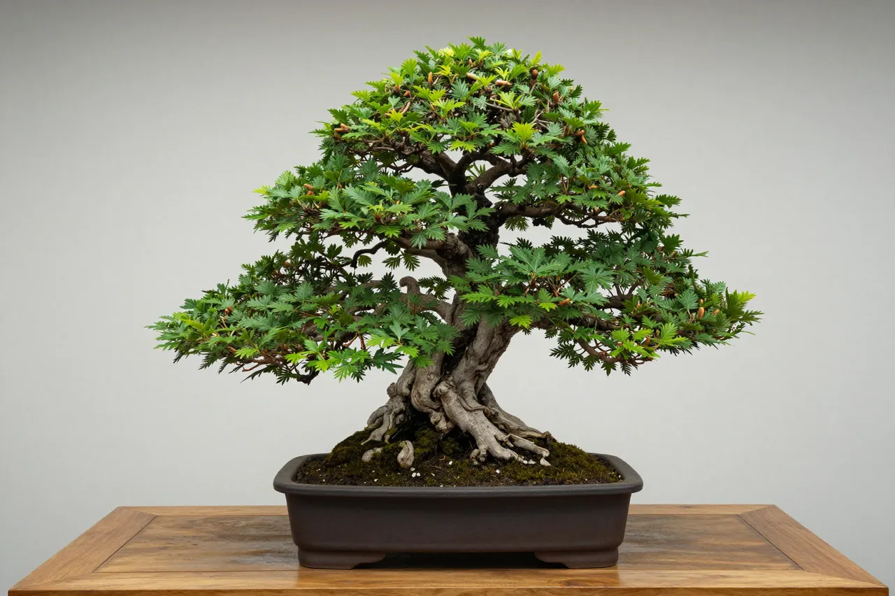 A lush styled bonsai tree in a dark ceramic pot rests on a polished wooden table against a plain light gray wall.