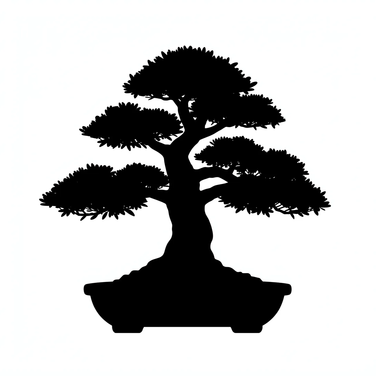 Solid black silhouette of a styled bonsai tree in a shallow pot on a plain white background
