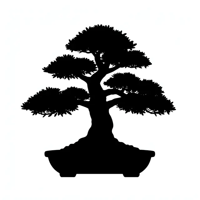 Solid black silhouette of a styled bonsai tree in a shallow pot on a plain white background