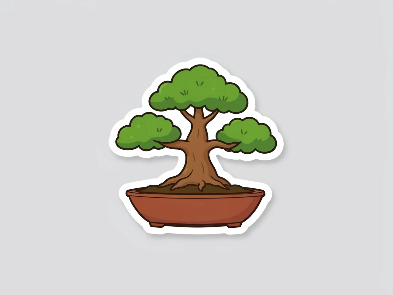 Die-cut cartoon sticker of a potted bonsai tree on a plain light gray background