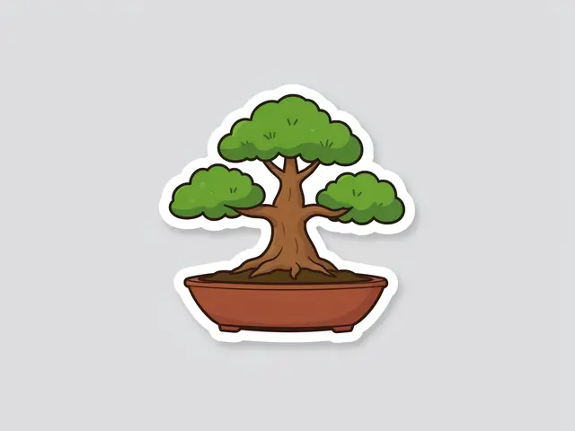 Die-cut cartoon sticker of a potted bonsai tree on a plain light gray background