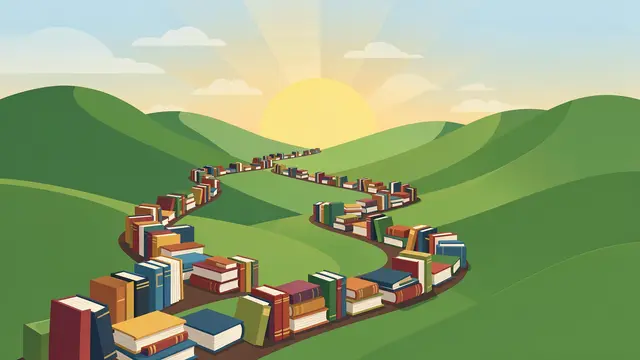 A winding path of stacked books leads across rolling green hills toward a glowing rising sun