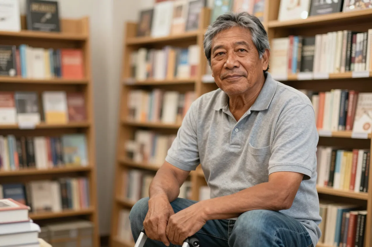 Middle aged Indigenous man sits in a bookshop surrounded by blurred bookshelves