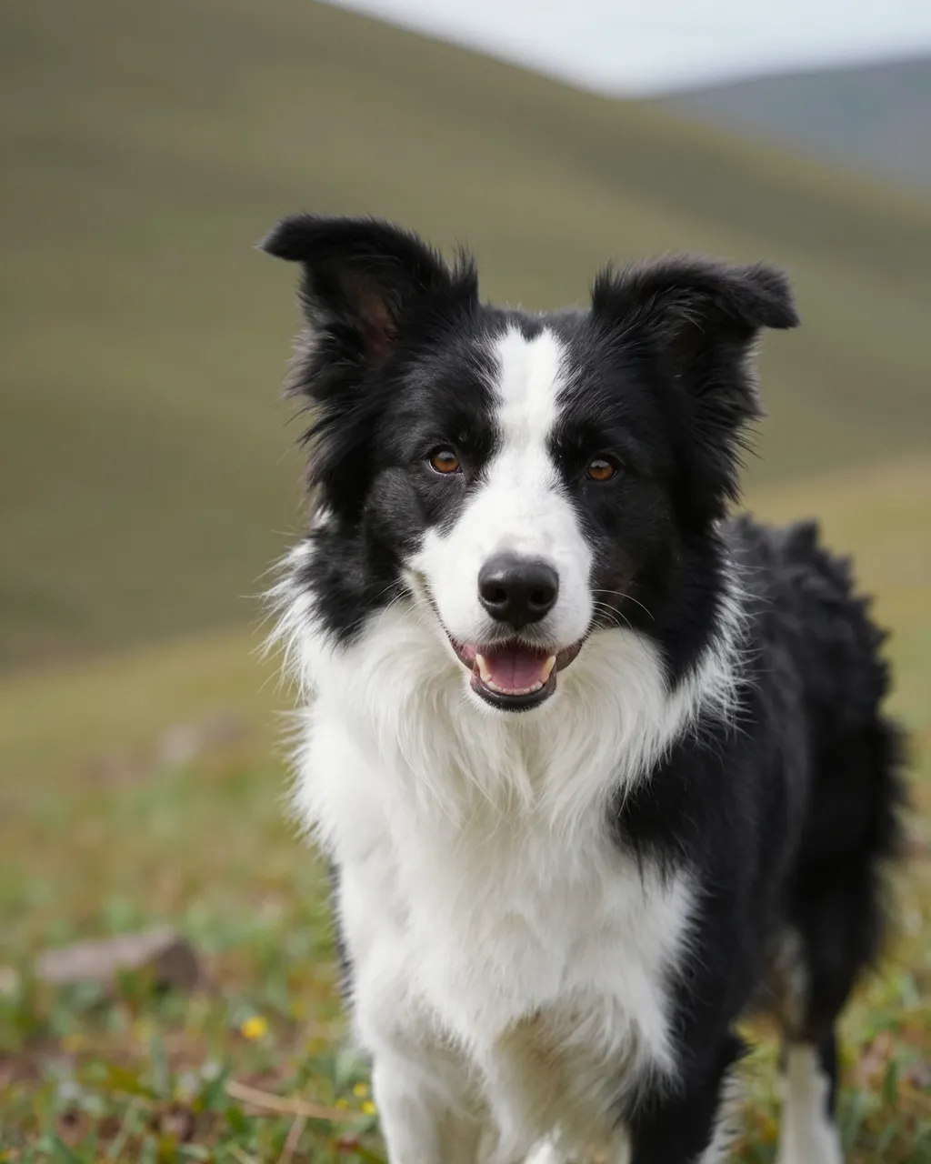 A smiling black and white border collie stands on a grassy sloped hillside facing the camera