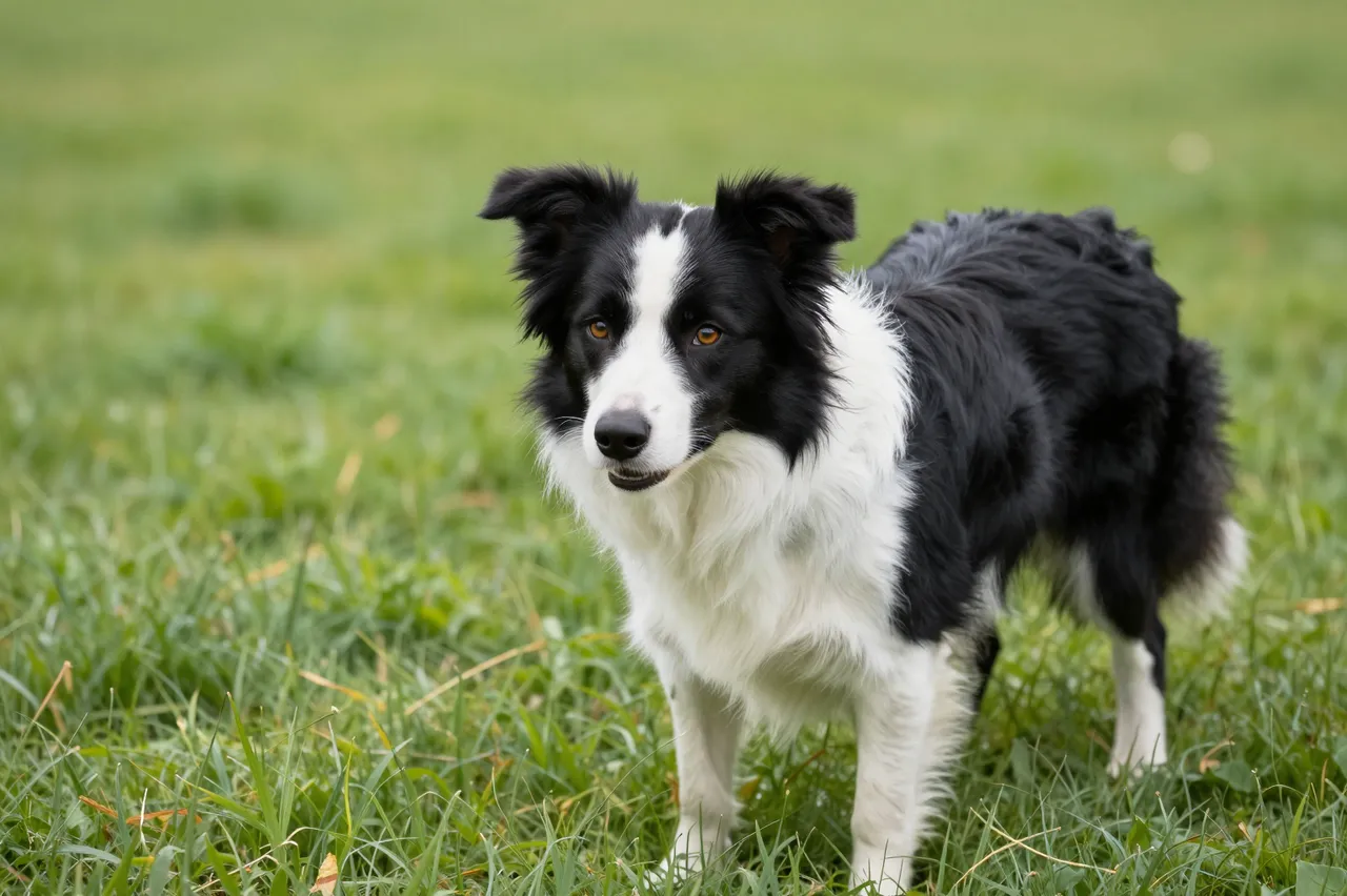 Black and white Border Collie stands attentively in lush green grass, facing the camera