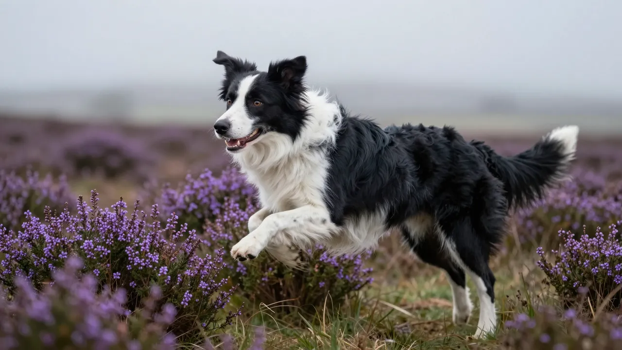 Black and white Border Collie leaps above purple heather on a foggy moor