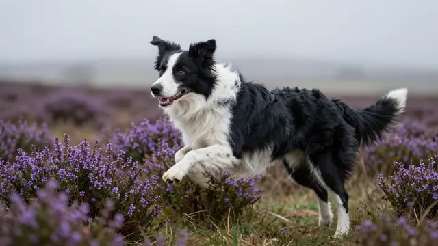 Black and white Border Collie leaps above purple heather on a foggy moor