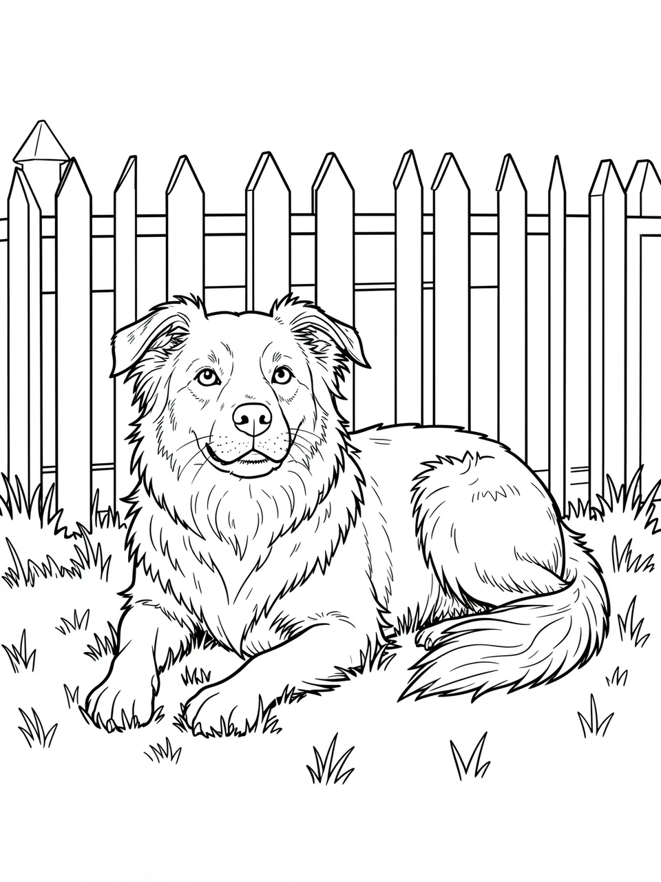 Black and white line art of a border collie lying in grass in front of a picket fence