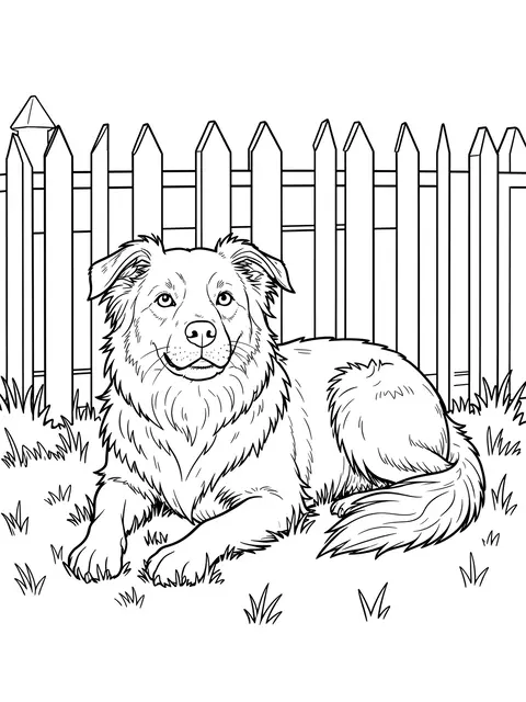 Black and white line art of a border collie lying in grass in front of a picket fence