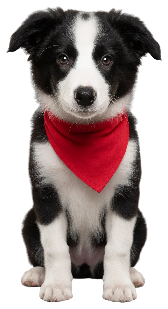 Black and white border collie puppy sits facing forward wearing a plain red bandana