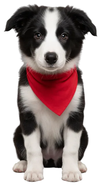 Black and white border collie puppy sits facing forward wearing a plain red bandana