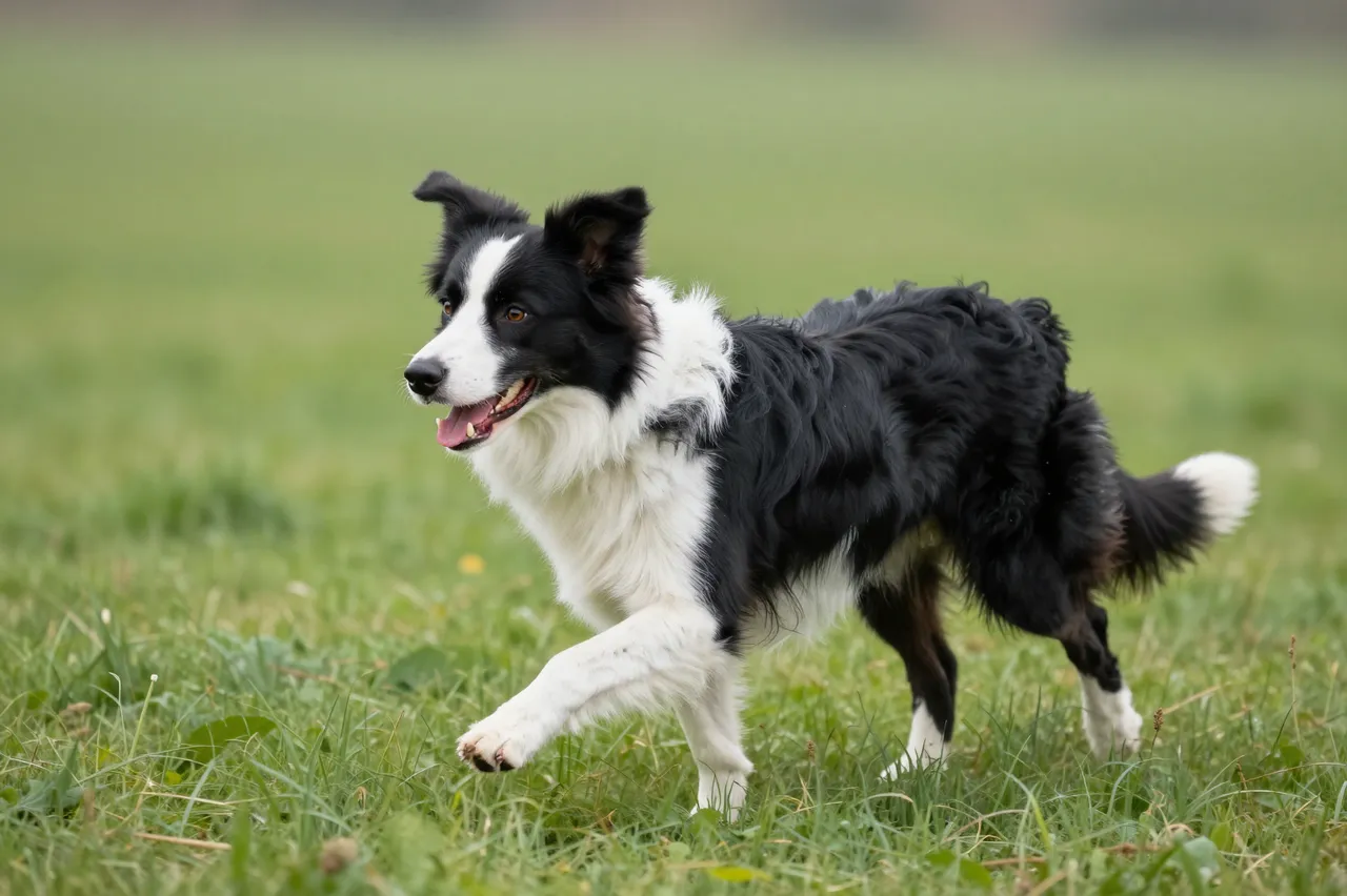 A black and white border collie runs mid-stride across a lush green grassy field.