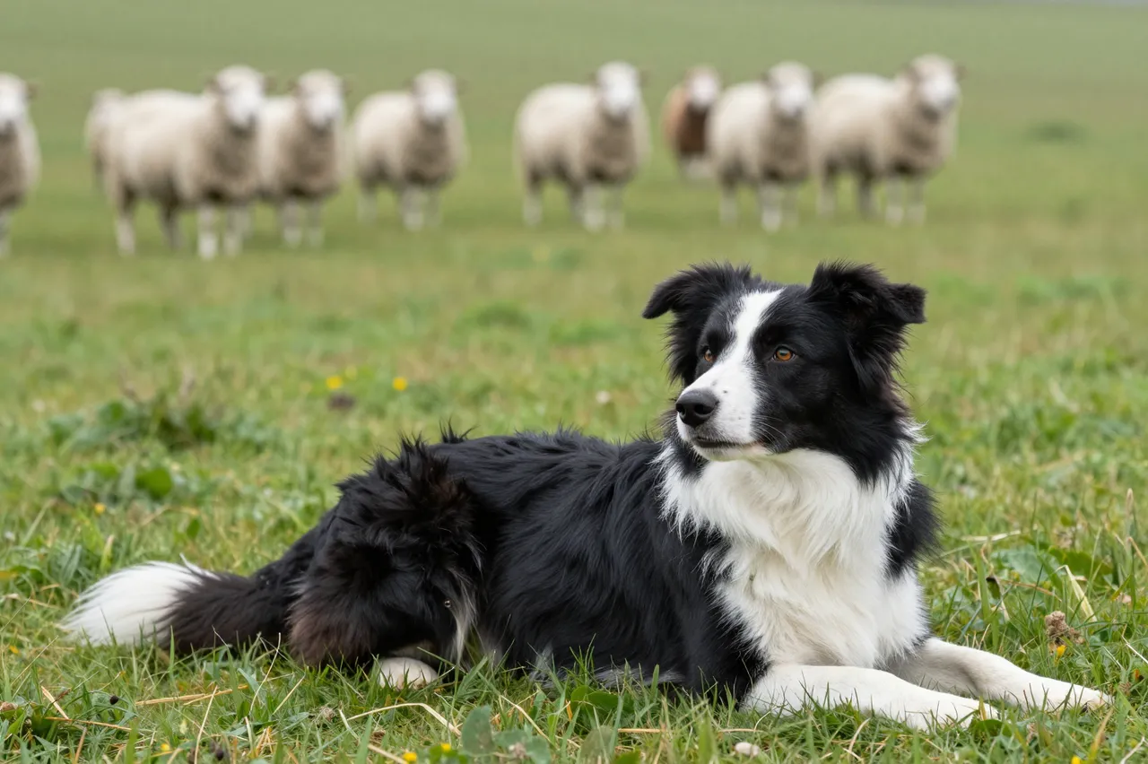 A black and white border collie lies in green pasture grass with a flock of sheep behind it.