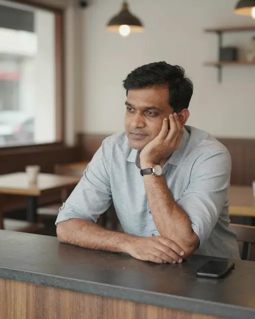 A South Asian man in his forties rests his cheek on his hand while leaning on an empty cafe counter