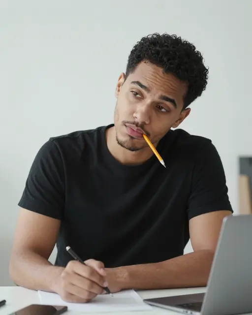 Bored mixed-race man in a black t-shirt sits at a desk with a pencil resting on his lip.