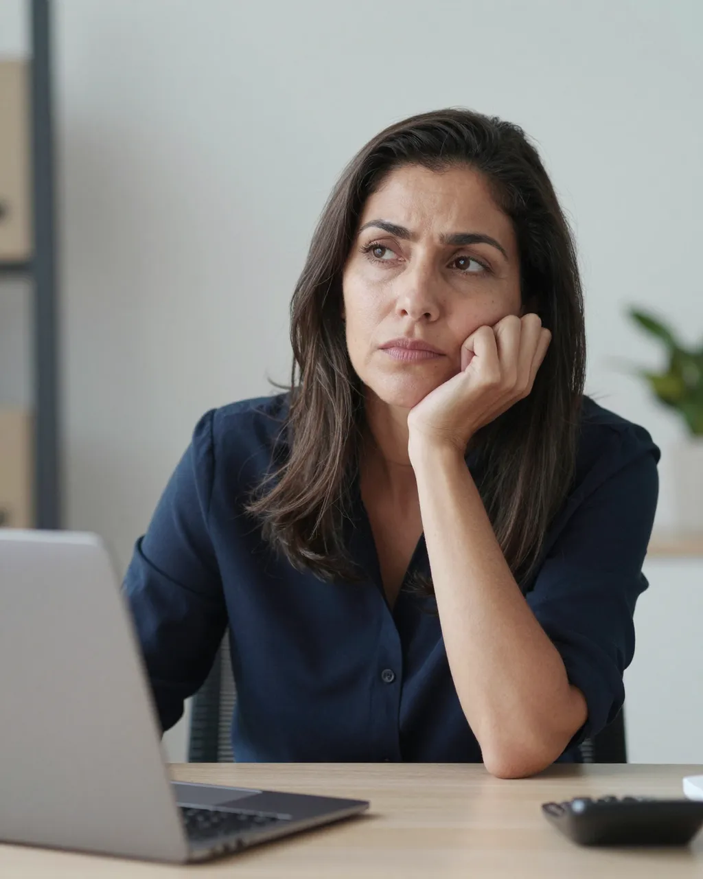 A bored middle-aged Latina woman rests her cheek on her hand at an office desk with a laptop.