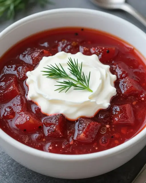 Close-up view of red borscht soup topped with a dollop of sour cream and fresh dill in a white bowl
