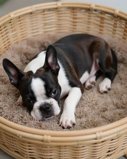 A wide awake Boston Terrier puppy rests on a fluffy mat inside a round rattan bed
