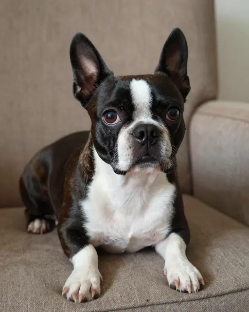 A black and white Boston Terrier with a white blaze lies on a beige armchair looking up at the camera.