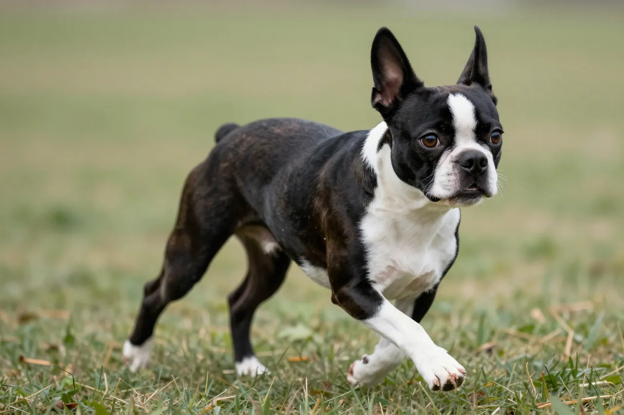 A black and white Boston Terrier with erect ears moves across a grassy lawn with a blurred background.