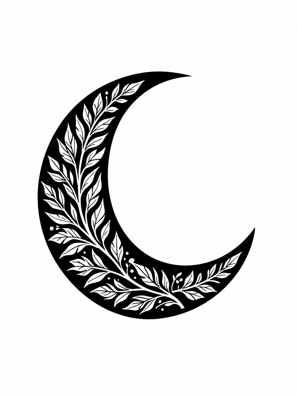 Solid black crescent moon with white negative space botanical linework on a plain white background