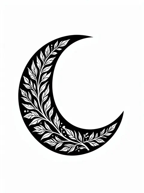 Solid black crescent moon with white negative space botanical linework on a plain white background