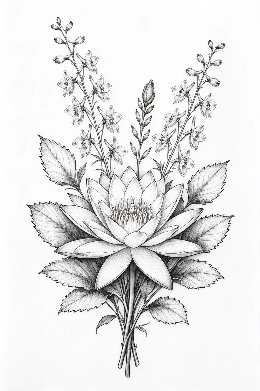 Delicate black ink line art of a larkspur and water lily bouquet on plain white paper