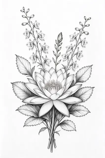 Delicate black ink line art of a larkspur and water lily bouquet on plain white paper