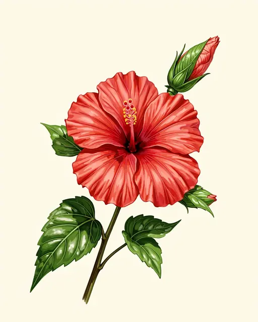 Hand-painted red hibiscus branch with an open flower, buds, and glossy green leaves on an ivory background
