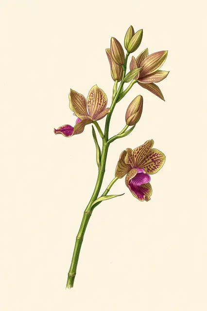 Detailed botanical illustration of a flowering orchid stem set against plain cream paper