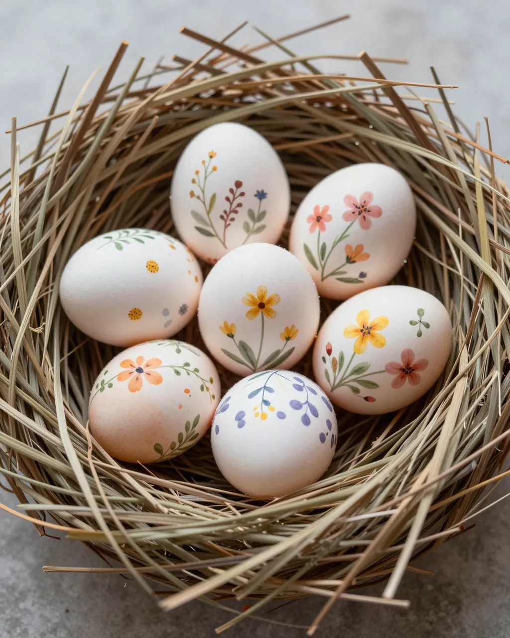 Hand-painted Easter eggs with delicate floral designs rest inside a dried grass nest on a soft gray surface.