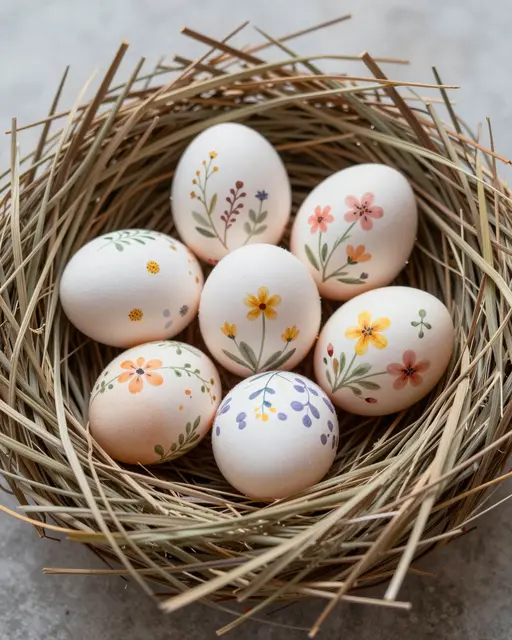 Hand-painted Easter eggs with delicate floral designs rest inside a dried grass nest on a soft gray surface.