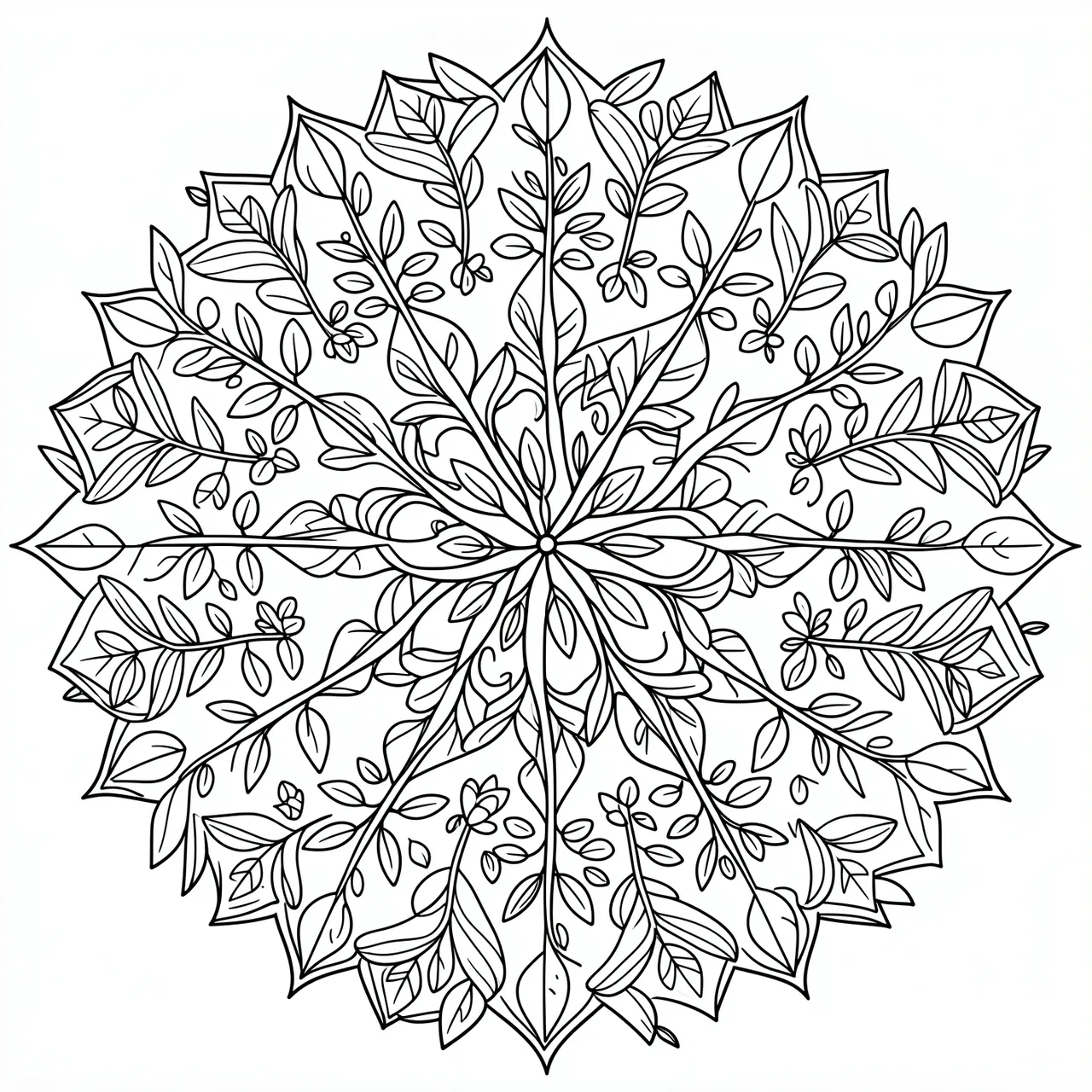 Black and white symmetrical mandala line art made of seedlings and small leaves on a white background