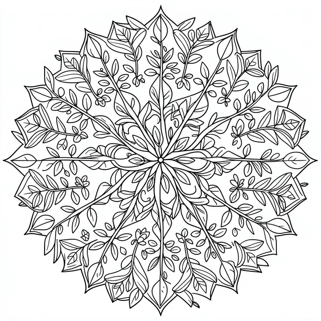 Black and white symmetrical mandala line art made of seedlings and small leaves on a white background