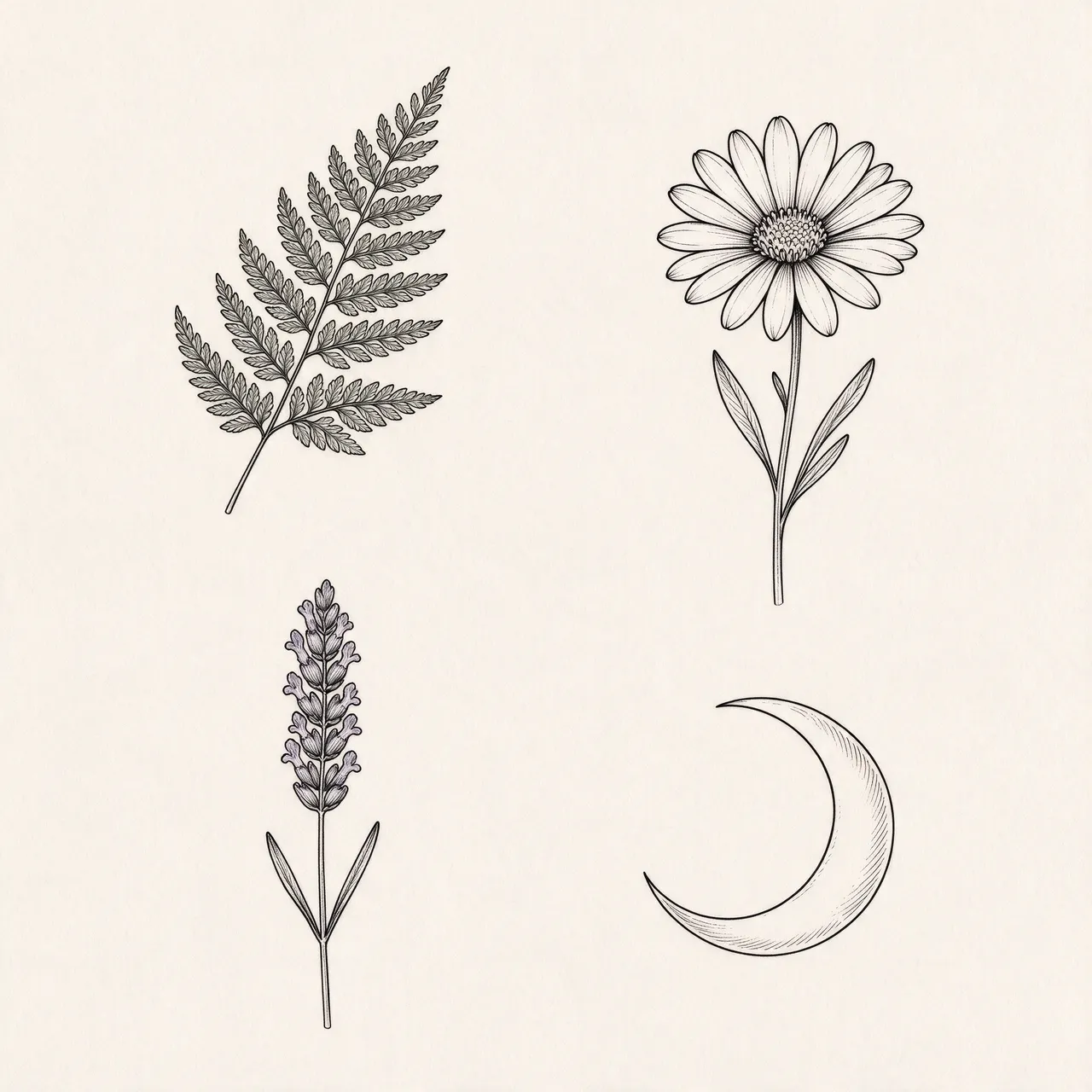 Fine line black ink botanical illustrations of a fern, daisy, lavender and crescent moon on cream paper