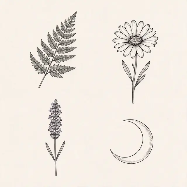 Fine line black ink botanical illustrations of a fern, daisy, lavender and crescent moon on cream paper