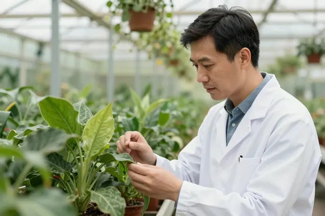 A male botanist in a white lab coat inspects a leaf on a potted plant inside a sunlit greenhouse.