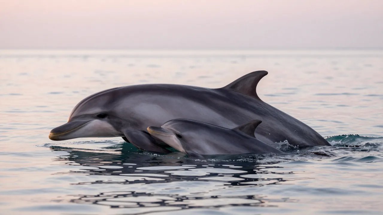 Bottlenose dolphin mother and calf surface together in calm pink-tinged bay water at dawn