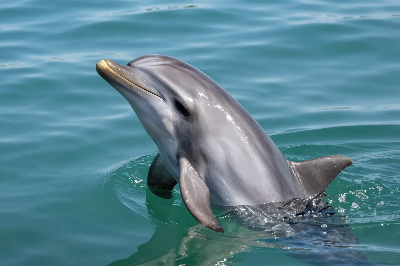A bottlenose dolphin raises its glistening head above calm turquoise sunlit water
