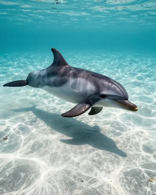 Bottlenose dolphin swims over white sandy seabed in clear turquoise sun-dappled water