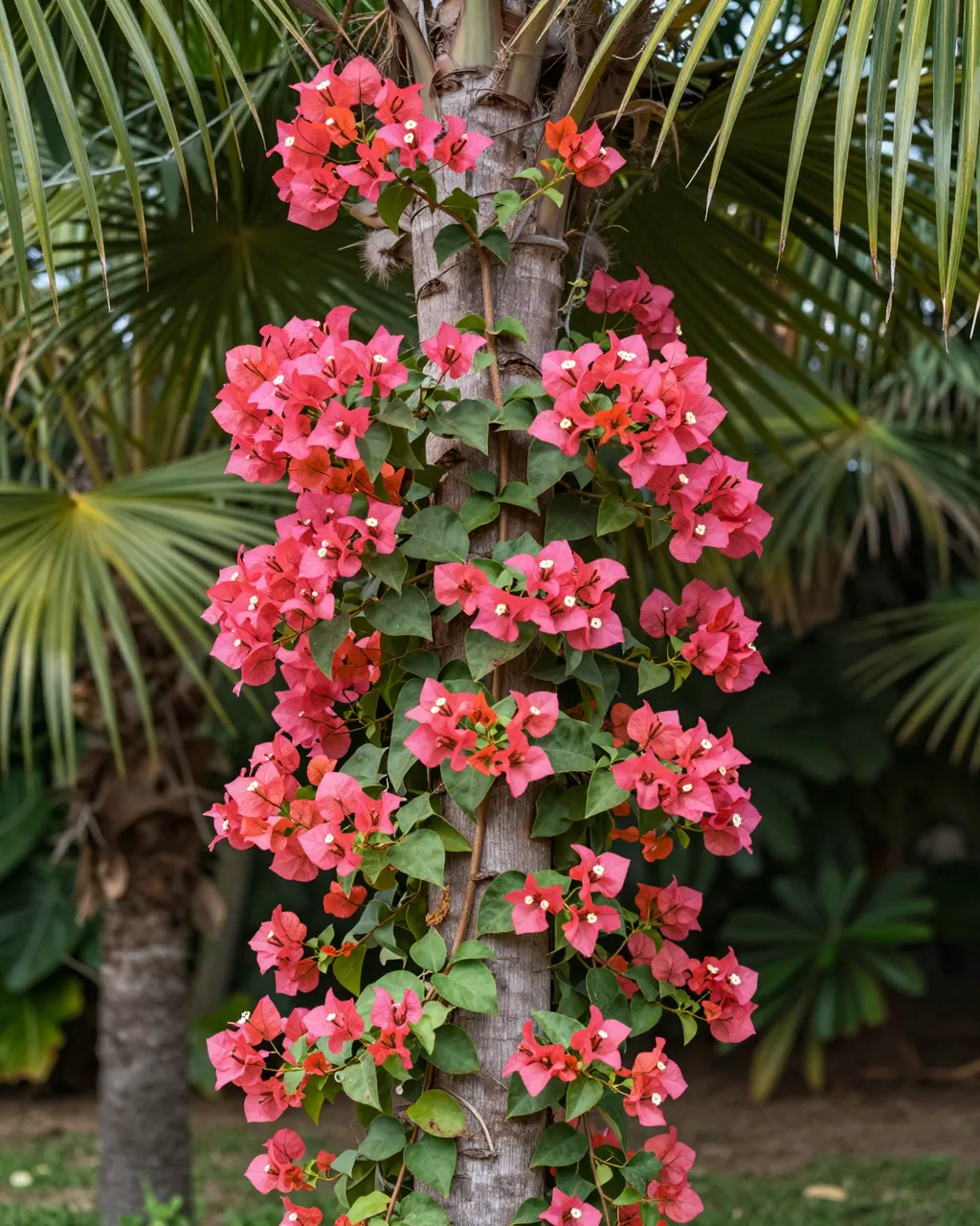 Vibrant pink bougainvillea blooms climb a rough palm trunk surrounded by tropical garden foliage