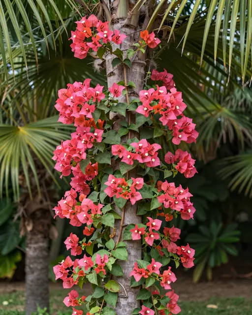 Vibrant pink bougainvillea blooms climb a rough palm trunk surrounded by tropical garden foliage