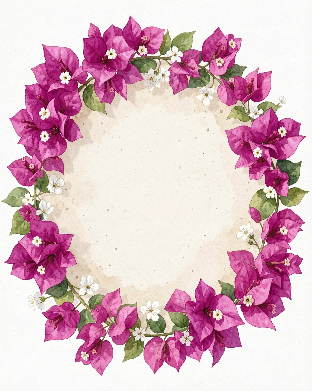 Watercolor oval wreath of magenta bougainvillea and small white flowers around a pale sandy empty center