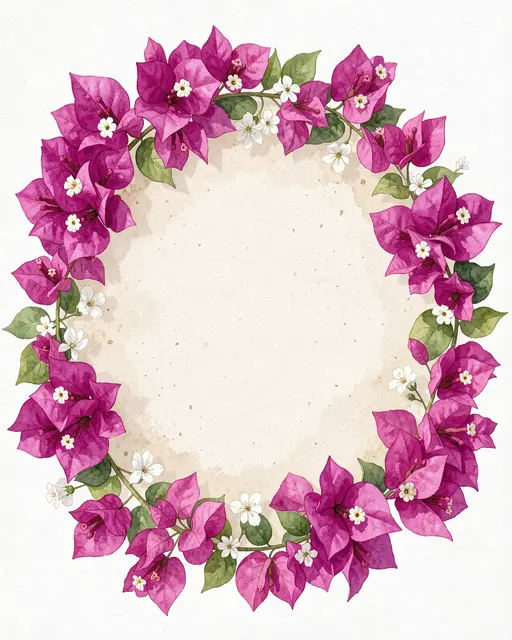 Watercolor oval wreath of magenta bougainvillea and small white flowers around a pale sandy empty center