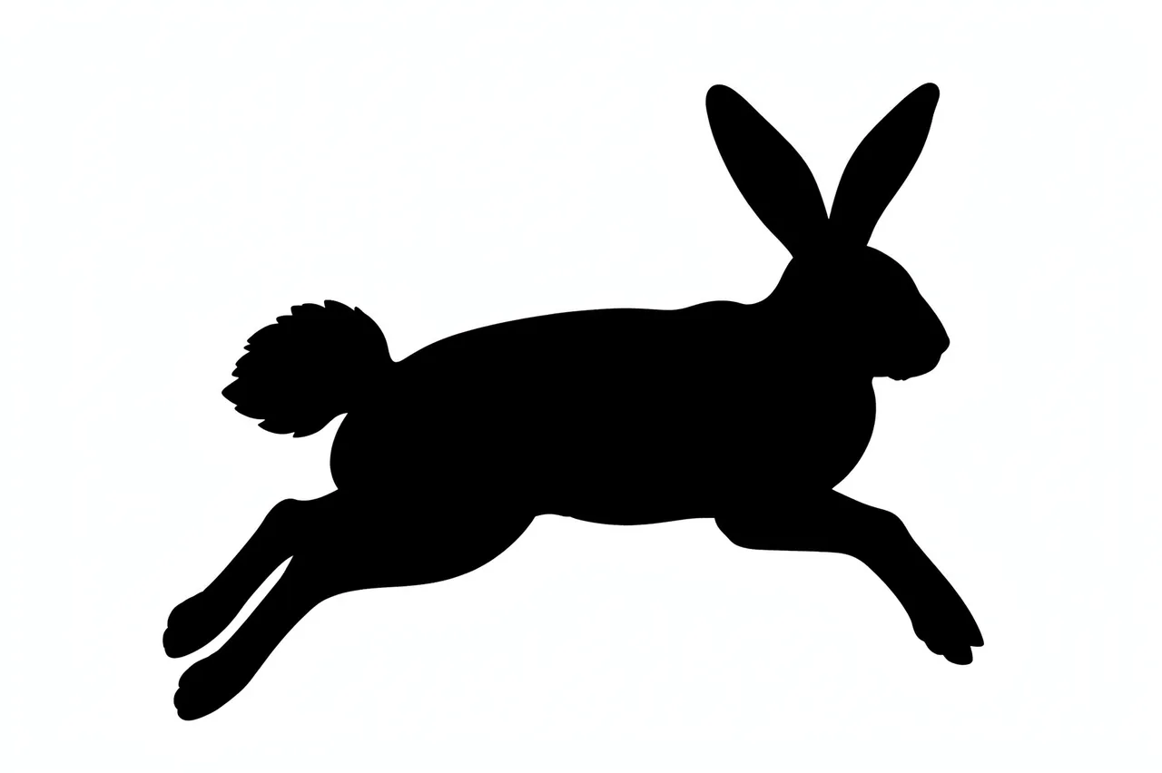 Solid black silhouette of a bounding hare against a plain white background